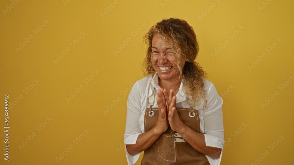 Wall mural woman smiling in front of a yellow wall, creating a joyful and warm atmosphere with her mature, beau