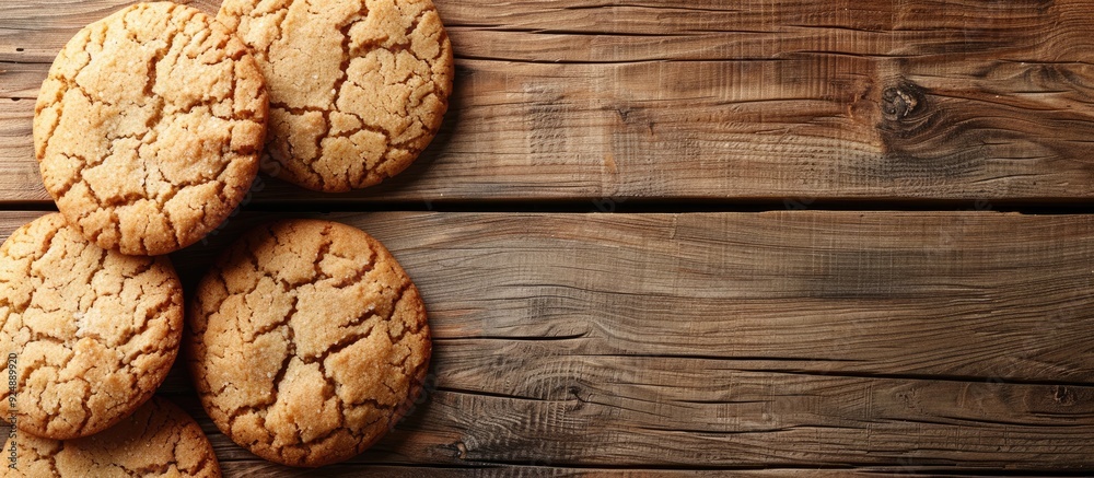 Poster Freshly baked cookies placed on a wooden table with space for text or image. Creative banner. Copyspace image