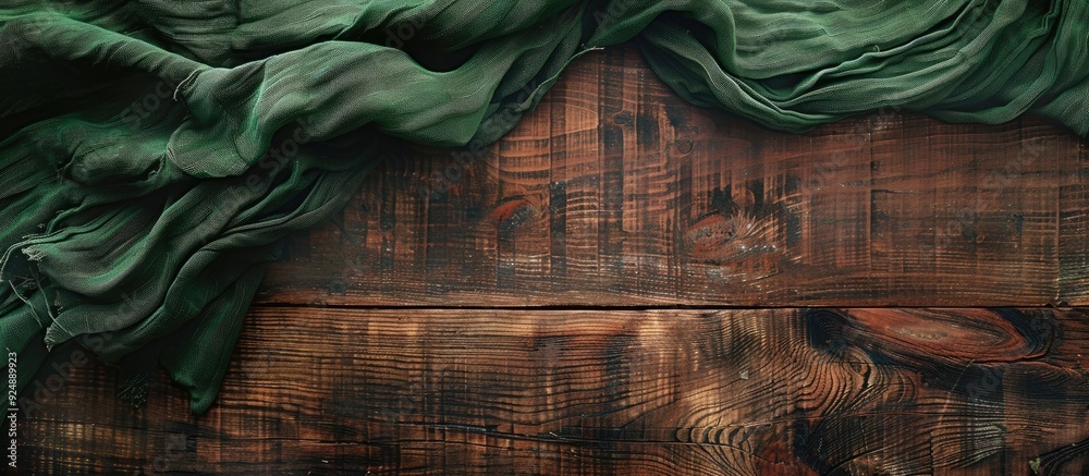 Leinwandbilder Top view of an empty wooden table with a green tablecloth showcasing a rustic backdrop and space for inserting images or text. Creative banner. Copyspace image
