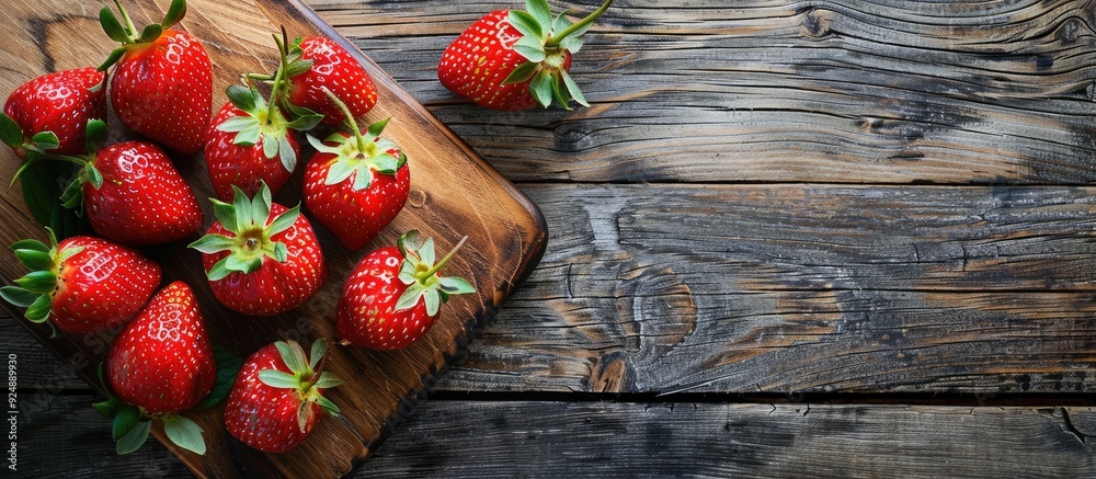 Poster strawberry displayed on a wooden cutting board with copy space image