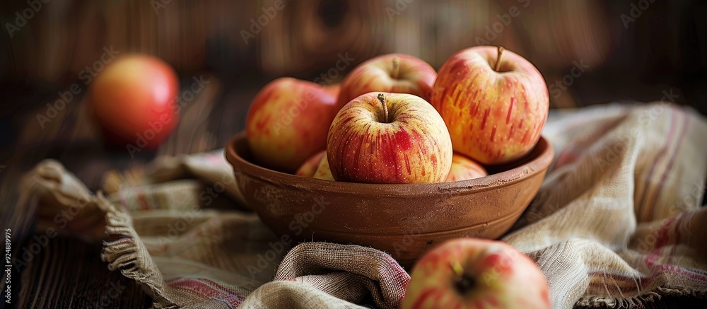 Aufkleber Ripe juicy apples freshly picked and arranged in a clay bowl on sackcloth creating a rustic display with a copy space image