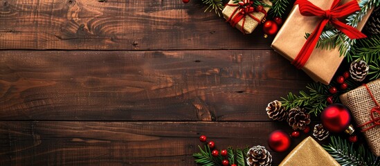 Wooden table with Christmas present decorations creates a festive vibe in the copy space image