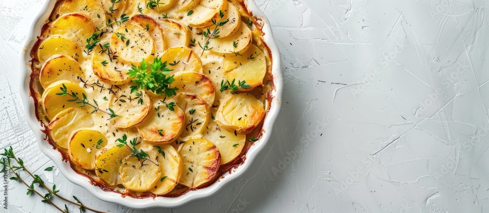 Poster top view of a traditional homemade potato casserole with herbs on a white background with a clear ar