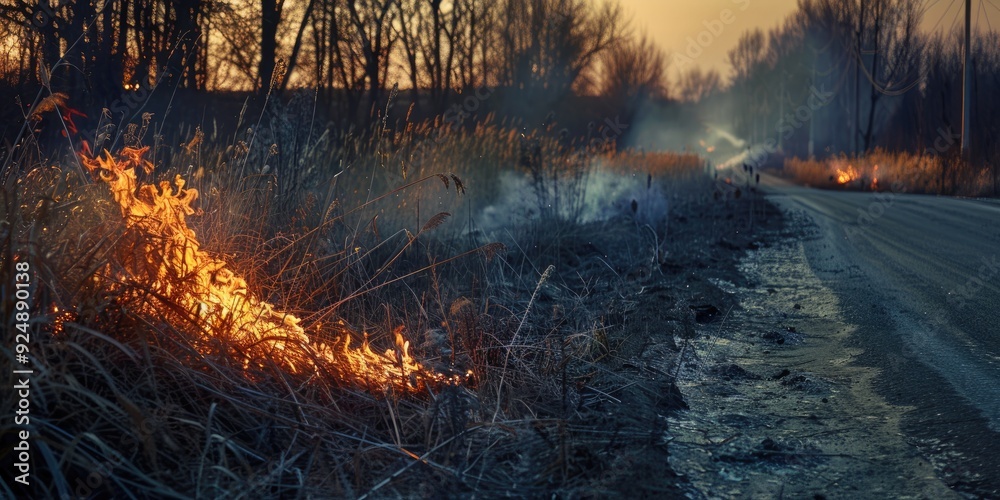 Poster Spring evening Dry grass burning near road natural fire