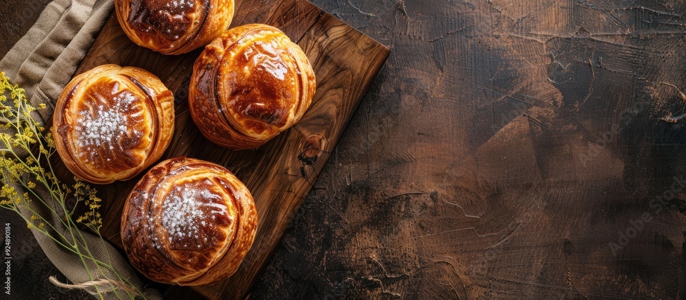 Sticker Freshly baked sweet brioche pastry on a rustic table with a top view perfect for a delightful meal or snack and ideal as a copy space image