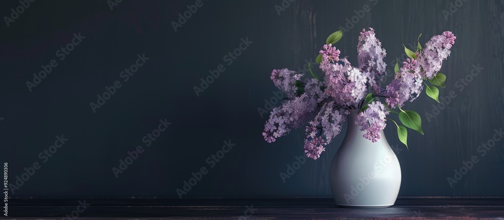 Aufkleber white vase with lilac on dark table against black backdrop with copy space image