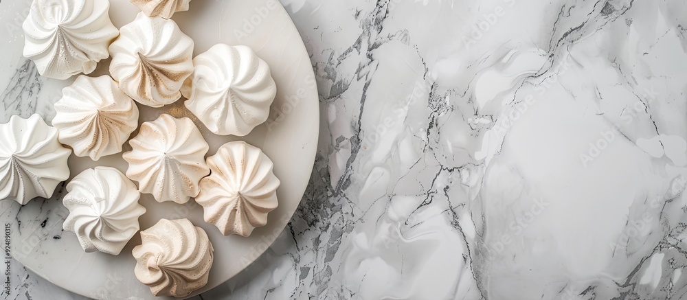Poster Top view of a white marble table with a tray of delicious meringue cookies Ideal for adding text with copy space image