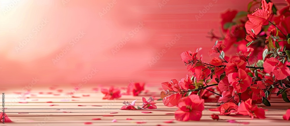 Poster valentine s day background featuring vibrant red flowers on a wooden floor against a soft pink backd