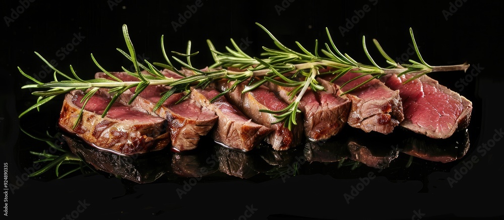 Poster a sliced beef steak garnished with a sprig of rosemary stands alone on a black backdrop offering amp