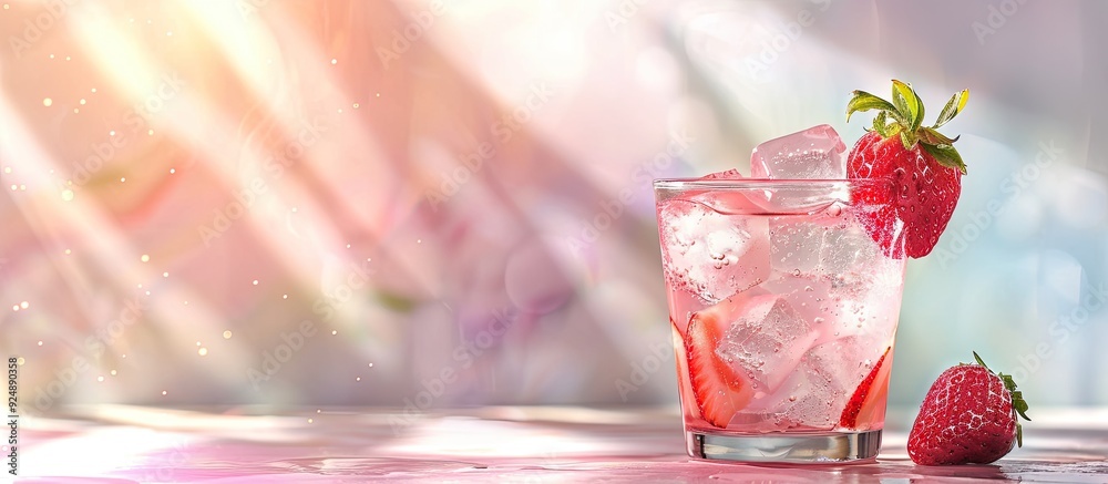 Leinwandbilder A refreshing cold strawberry water drink with ice garnished with a single strawberry set against a bright backdrop shown from the side designed with copy space image for text in a banner