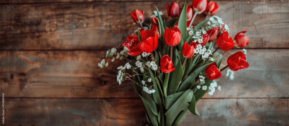 Poster top view of a vibrant red tulip bouquet contrasting against a wooden backdrop with red and white blo