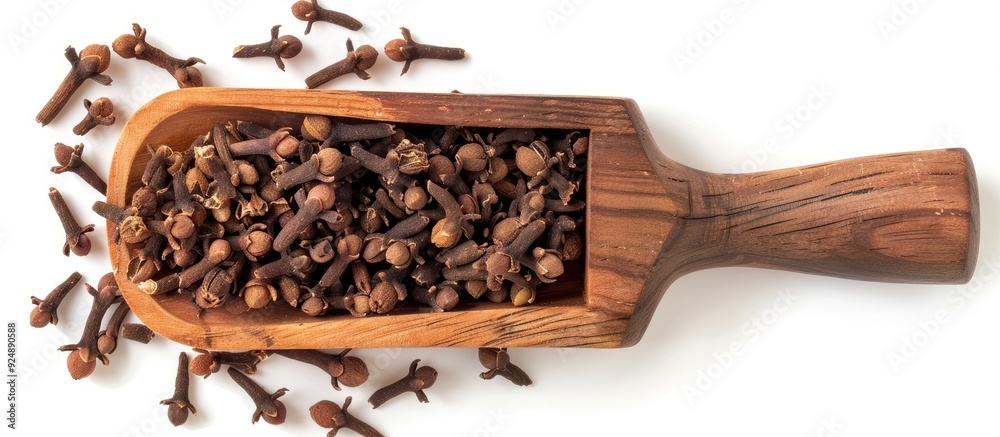 Poster Top view of a wooden scoop filled with dried cloves isolated on a white background with clipping path for a copy space image