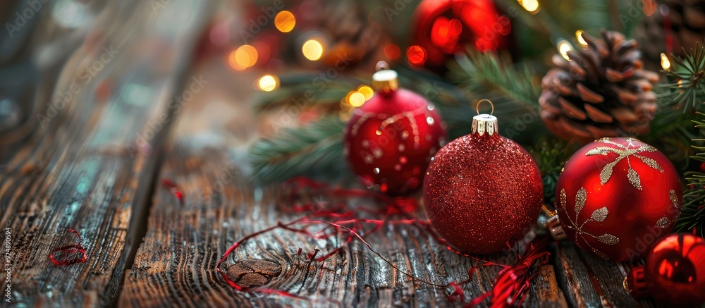 Poster festive christmas scene with ornaments and baubles arranged on a wooden table featuring copy space i