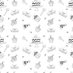 Doodle birthday celebration design. Seamless pattern with gifts, cakes with candles, holiday hats. For wrapping paper, greeting cards, wallpapers.