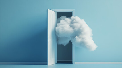  A 3D render of an abstract, minimalist background featuring a stack of white fluffy clouds floating through an open doorway. The cumulus clouds drift into an empty blue room, creating a surreal 