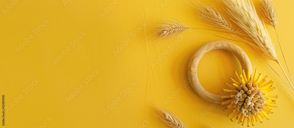 Poster Wooden rattle and dry spikes on yellow backdrop in a top view copy space image