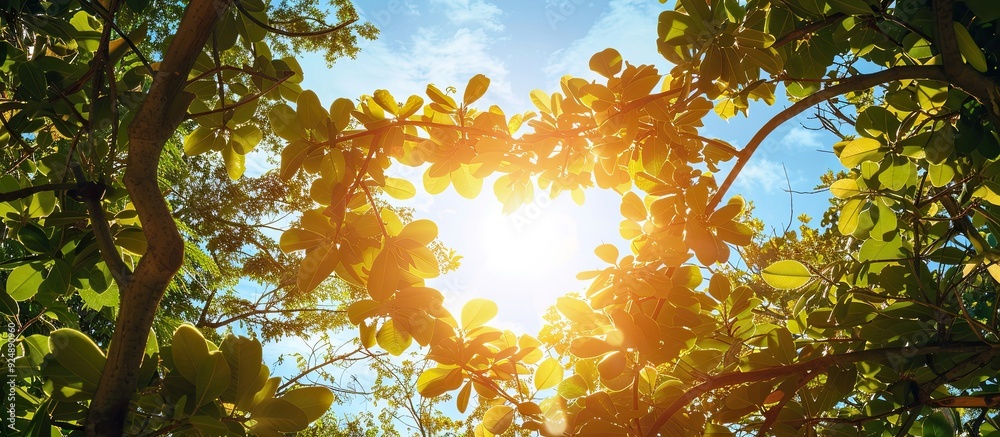 Poster a heart shaped copy space image framed by tree branches leaves and sunlight in a garden against a sk
