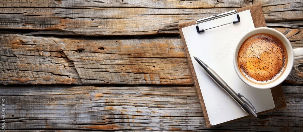 Poster top view of a notepad pen and coffee on a wooden table in a retro style with a blank space for an im