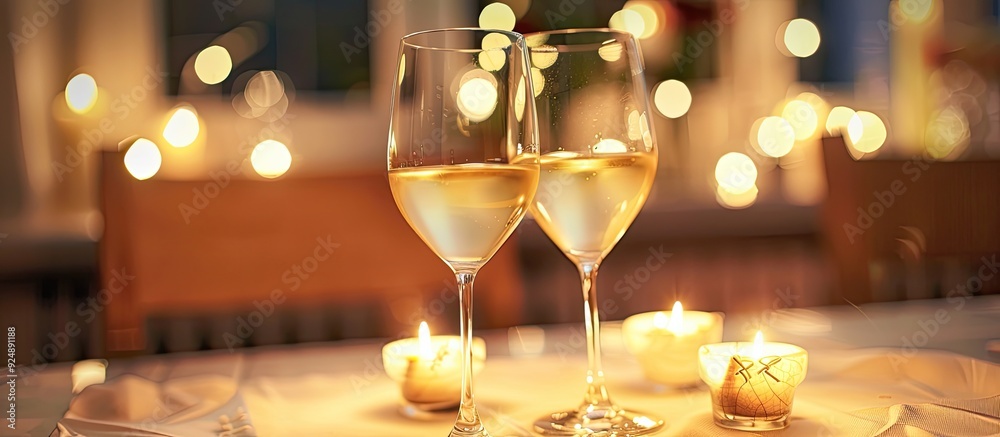Poster romantic date with candlelit ambiance and white wine is set featuring a copy space image