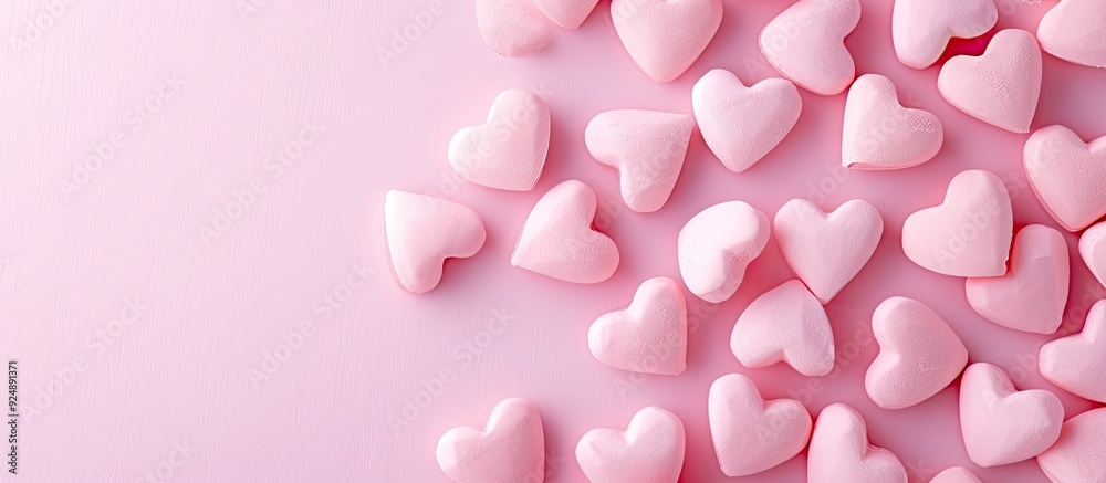 Poster top down view of pink hearts for valentine s day with ample copy space image