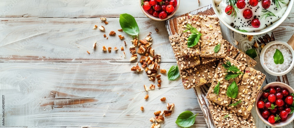 Poster white wooden table with a variety of toppings on fresh rye crispbreads and rusks in a flat lay view 