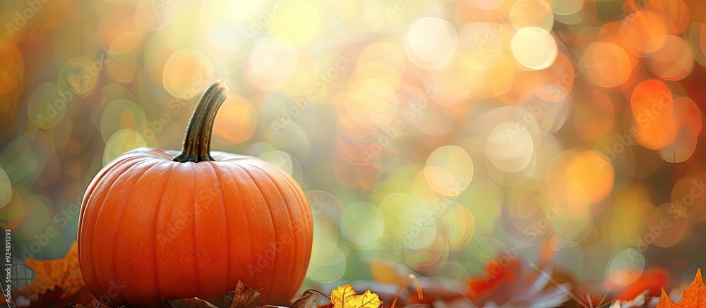 Poster Pumpkin on a blurry background with room for text or image. Creative banner. Copyspace image