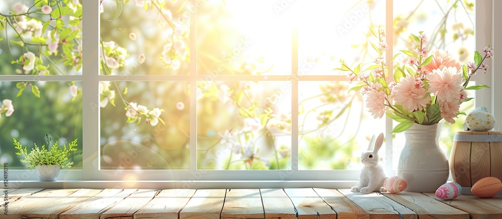 Leinwandbilder a sunny day with a white window and an easter theme on a wooden board with ample copy space image fo