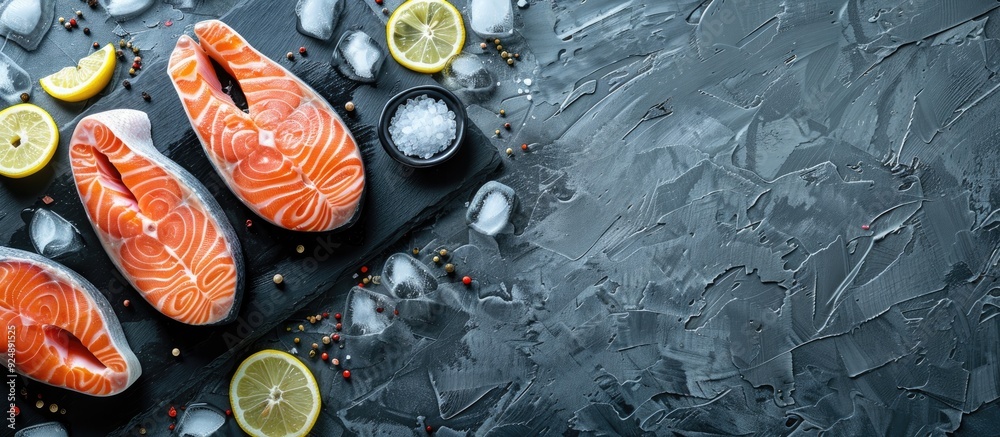 Poster Fresh raw salmon and trout steaks displayed on a sleek black slate board with ice salt pepper and lemon ideal for a nutritious meal Ideal for a copy space image