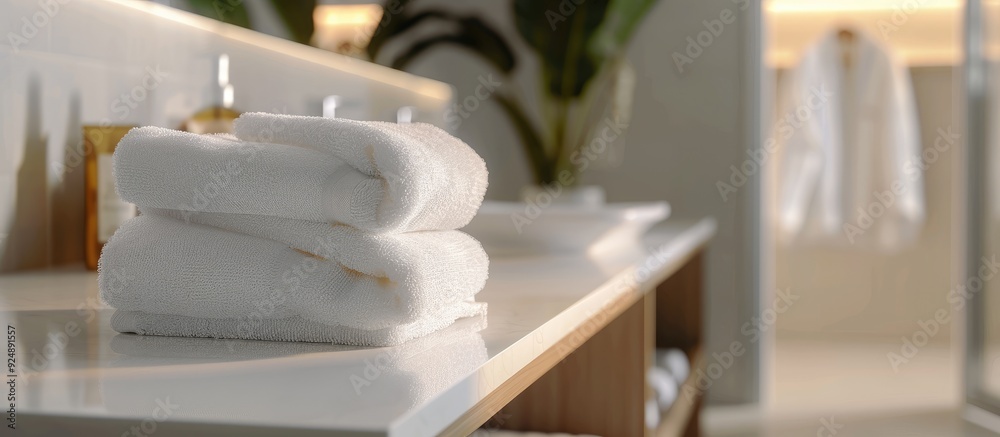 Poster Modern bathroom scene with clean white towels stacked neatly on a ceramic countertop providing a refreshing aesthetic with copy space image