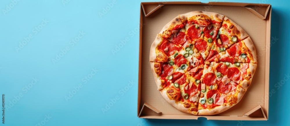 Fototapete pizza box on a light blue backdrop with empty copy space image