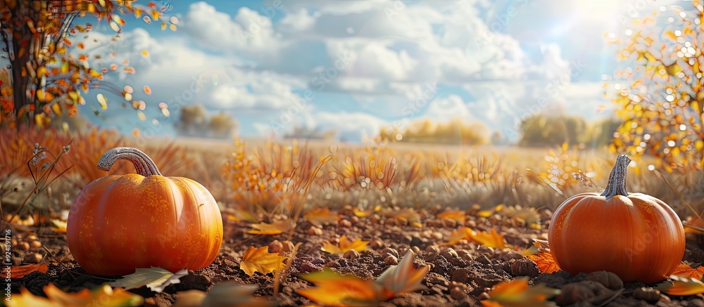 Poster Field with pumpkins creating an autumn themed ambiance perfect for a copy space image