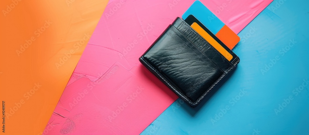 Aufkleber An image showcasing a wallet with money and credit cards against a colorful backdrop illustrating the concept of saving with abundant copy space image