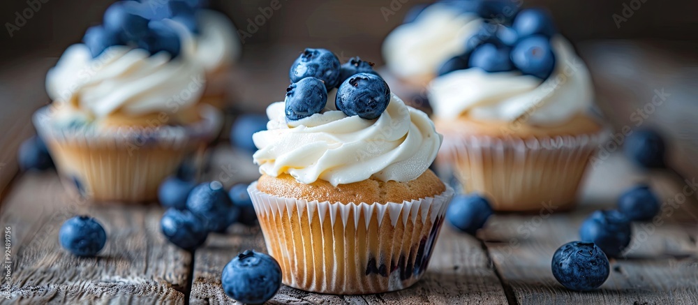Poster Fresh cupcakes topped with ripe blueberries displayed on a rustic wooden surface with room for text in the image. Creative banner. Copyspace image