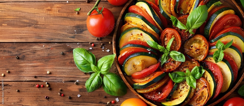 Aufkleber Ratatouille with basil on wooden table flat lay style image with copy space