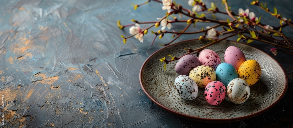 Fototapete Easter concept with colorful eggs on a textured plate against a rustic background accompanied by a spring bouquet Close up festive display with copy space image