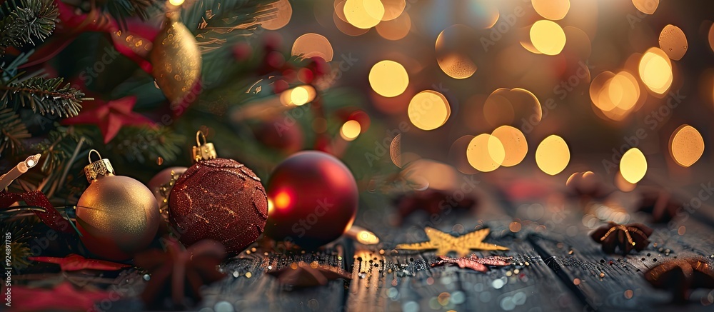 Poster Festive Christmas and New Year theme on a wooden backdrop with a selective focus suitable for text placement in the copy space image