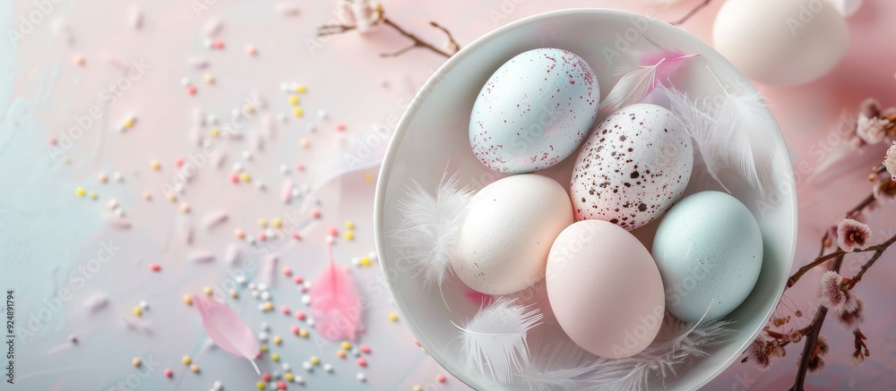 Aufkleber Top view of a white bowl holding Easter eggs and feathers against a bright background with copy space for an image