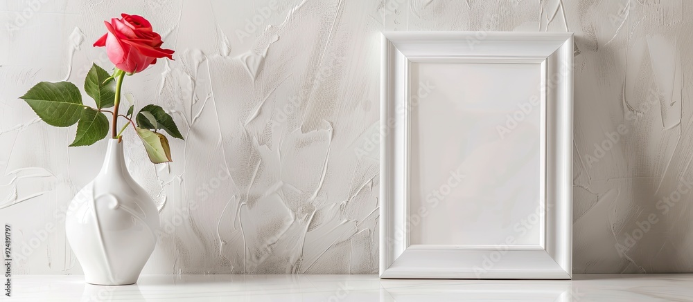 Poster Near a white vase with a rose there is an empty frame providing copy space image