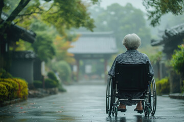 Obraz premium Elderly woman in a wheelchair is enjoying the peaceful atmosphere of a traditional japanese garden with its vibrant maple trees, celebrating keiro no hi, a special day for honoring elders in japan