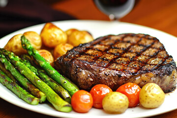 A succulent grilled steak served on a large white plate.