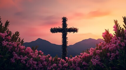Obraz premium A serene landscape featuring a floral cross at sunset, symbolizing hope and spirituality amidst nature's beauty.
