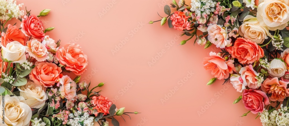 Poster An exquisite bouquet of artificial flowers as a border on a background with ample copy space image