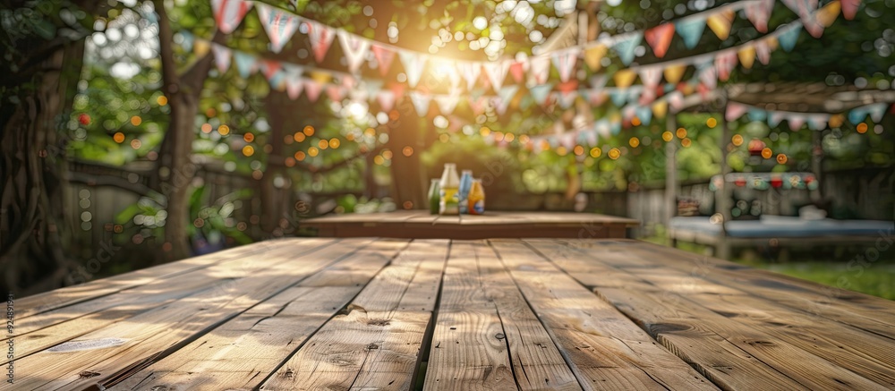 Fototapete an empty wooden table set up in a backyard party scenario with festive bunting decorations in the ba