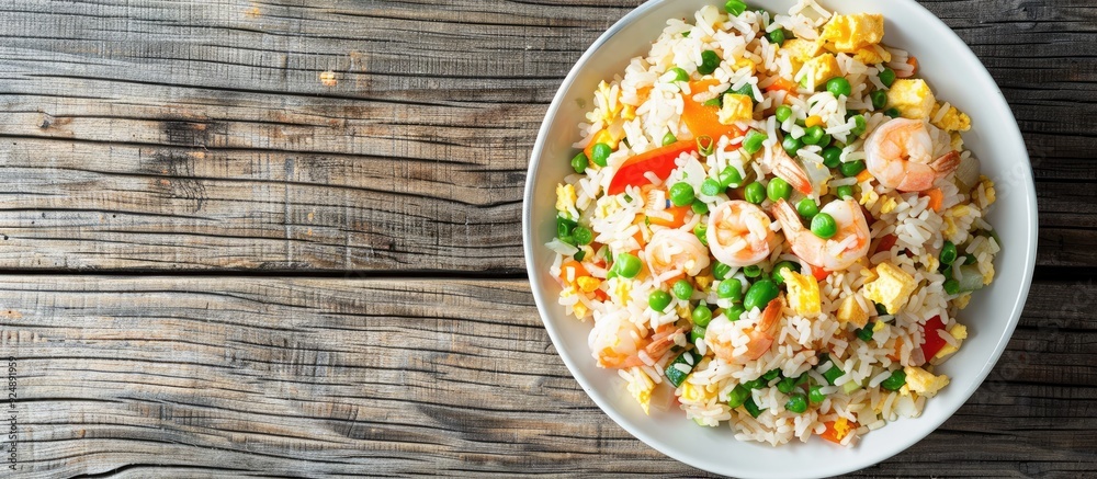Poster shrimp topped egg fried rice with mixed vegetables in a white dish on a wooden background with room 