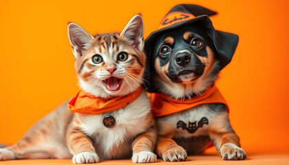 cat and dog, wearing costume for halloween. friend with orange backgound. halloween theme isolated with white highlights, png