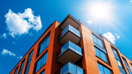 A contemporary apartment building set against a clear blue sky on a sunny day. The design features sleek lines and modern architectural elements, highlighting the building&rsquo;s stylish and functional aes