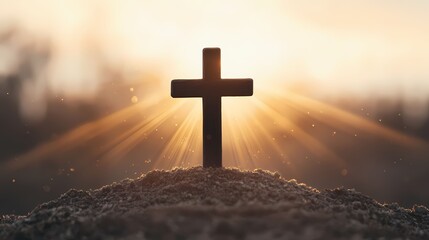 Fototapeta premium A serene silhouette of a cross against a radiant sunset, symbolizing hope, faith, and the divine connection.