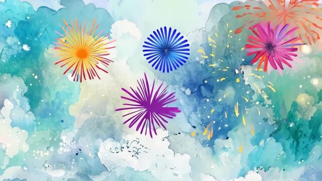 Japanese pattern background with fireworks and watercolor waves.