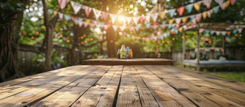 An empty wooden table set up in a backyard party scenario with festive bunting decorations in the background ideal as a copy space image