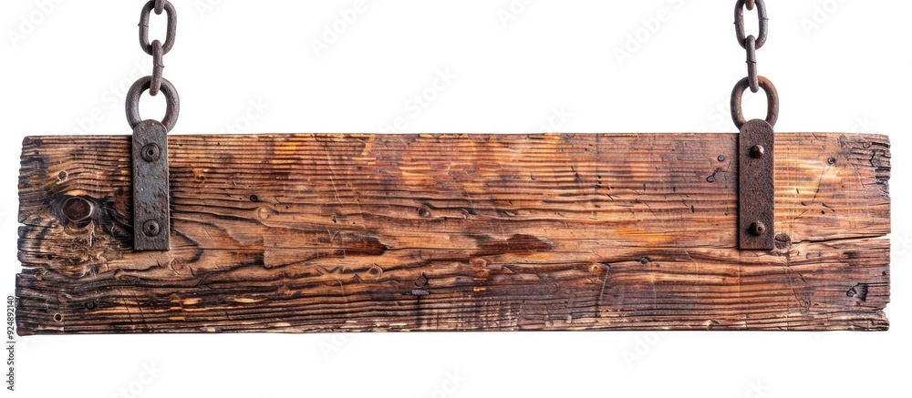 Aufkleber a wooden signboard hangs from a metal chain against a white backdrop featuring copy space for an ima